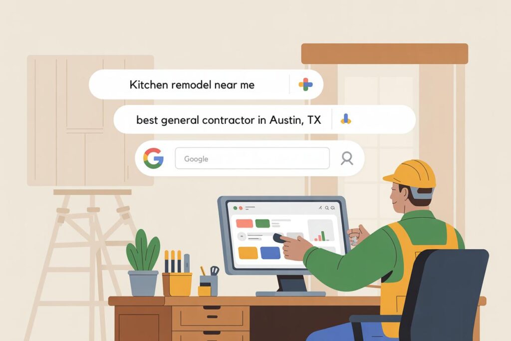 Digital marketing and local SEO concept for contractors, highlighting online visibility.
