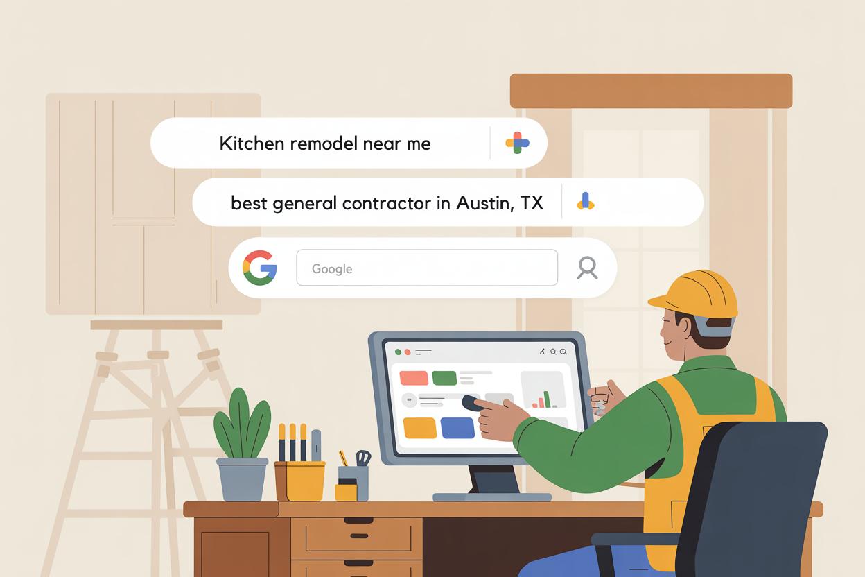 Digital marketing and local SEO concept for contractors, highlighting online visibility.