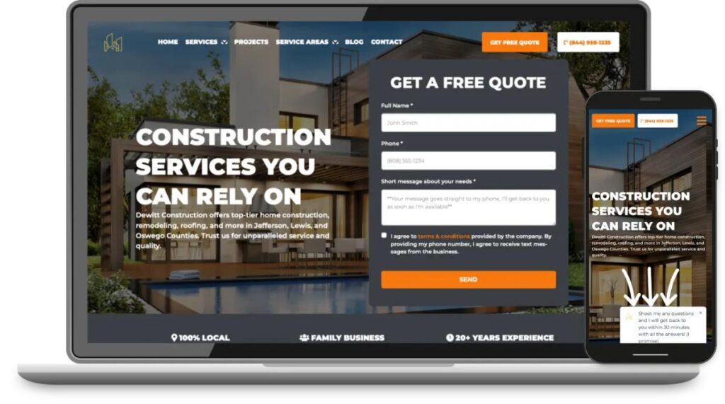 Contractor website with a simple online quote form designed to capture customer leads